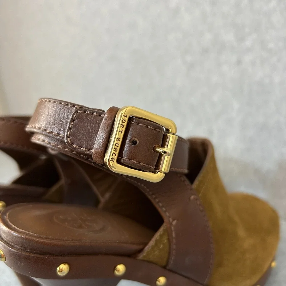 Tory Burch Bilson Heeled Clogs Shoes Brown Suede Leather Studded Womens Size 7